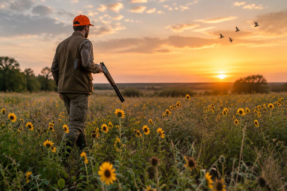 Dove hunter walking safely through a Texas field at sunset