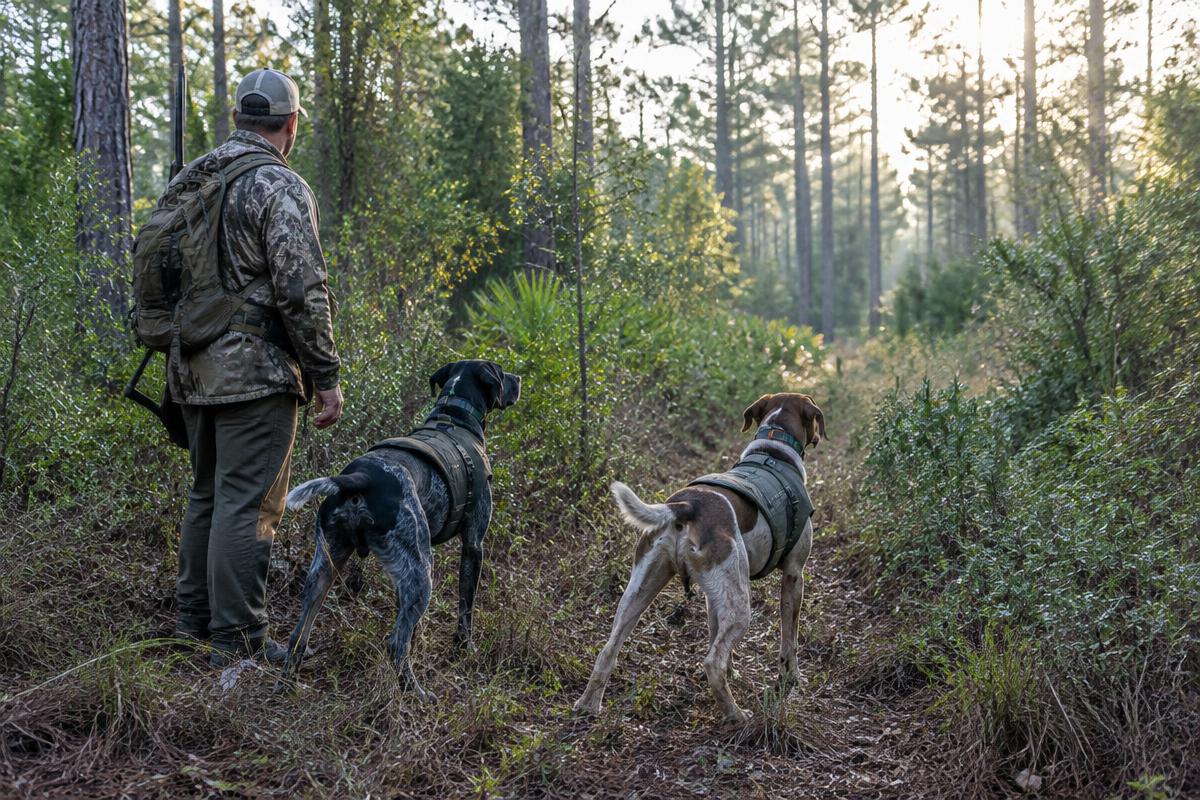 Guide and trained hunting dogs on a wooded East Texas trail