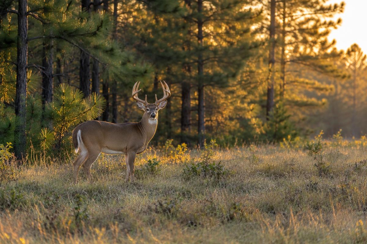 Living whitetail buck in an East Texas woodland clearing
